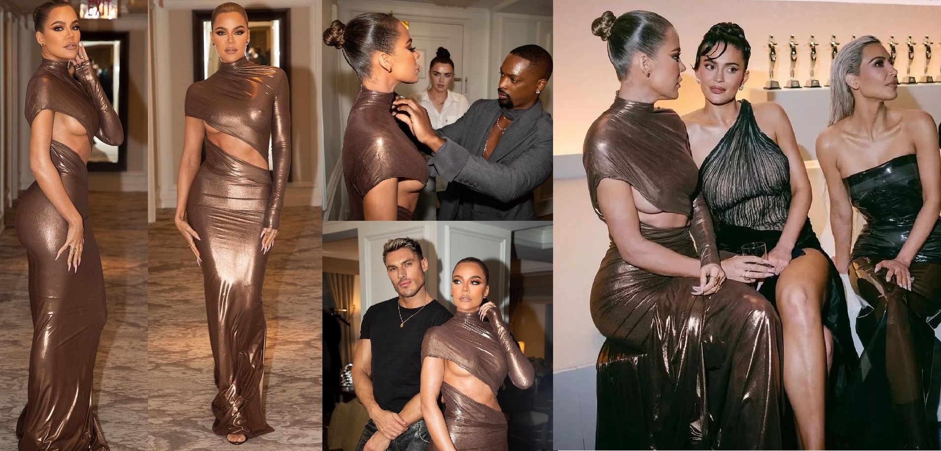 Khloe Kardashian showed off a curve through the slit of a gold LaQuan Smith gown