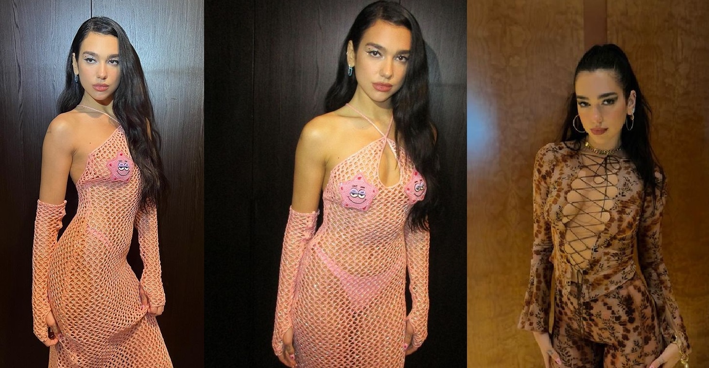 Dua Lipa reveals her pink thong through a tight fishnet dress