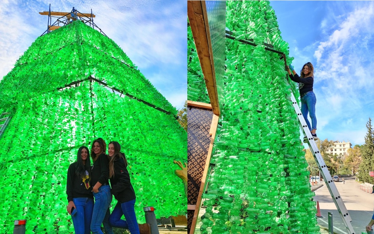 Lebanon lights a Christmas tree made from 108000 plastic bottles