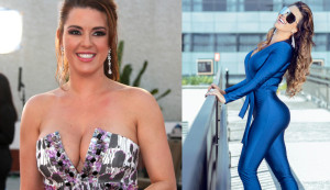 Alicia Machado shows off her figure by posing in a tight blue jumpsuit