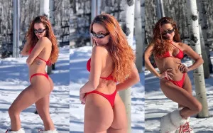 Anitta shows off in a red bikini, posing in a completely frozen forest
