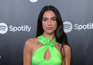 In the pool, Dua Lipa shows off her wet body while modeling a colorful swimsuit