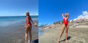 Fernanda Castillo looks on the beach with an elegant red swimsuit that highlighted her spectacular figure