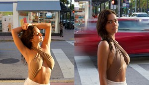 Claudia Martin shows off her curvaceous silhouette with a crossed swimsuit while walking down the street