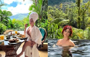 Demi Rose bathes under a waterfall and haves breakfast in towel showing off her attributes in Costa Rica