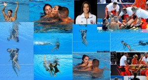 Moment US swimmer's coach jumps into pool to save her life after she fainted in water